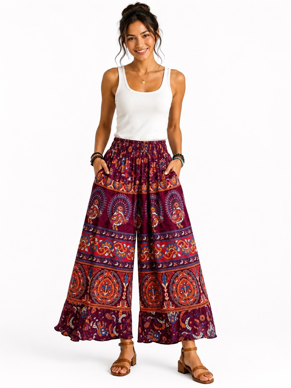 8D.New Bohemian Wide-Leg Print Palazzo Pants - Burgundy cotton